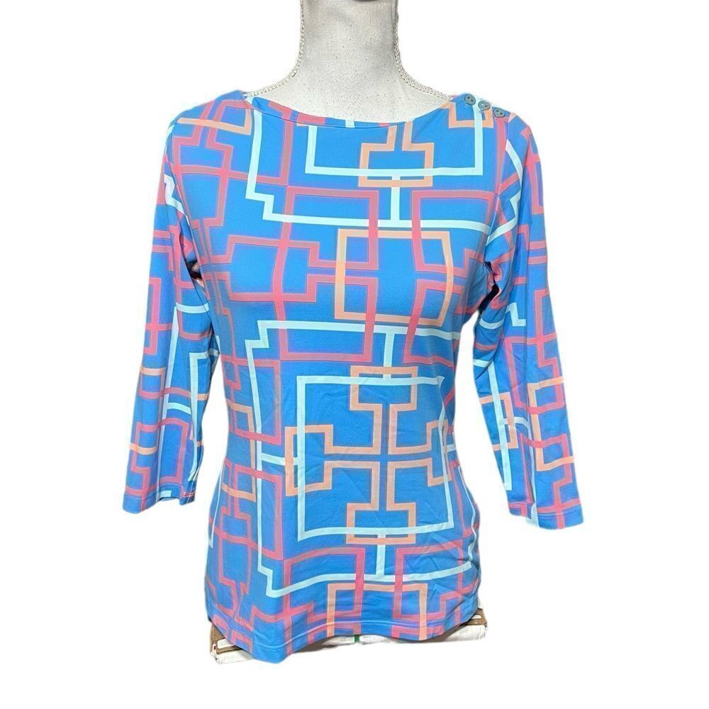 J. McLaughlin Wavesong button shoulder blue pink geometric print top
